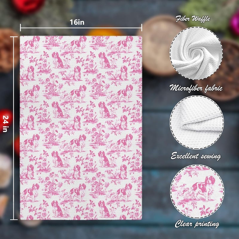 Nipil Pink Chinoiserie Cavalier King Charles Spaniel Kitchen Towels,Cavalier King Charles Spaniel Gifts,Grandmillennial Botanical Dog Hand Towels for Kitchen Bathroom, 16x24 Inch - Image 2